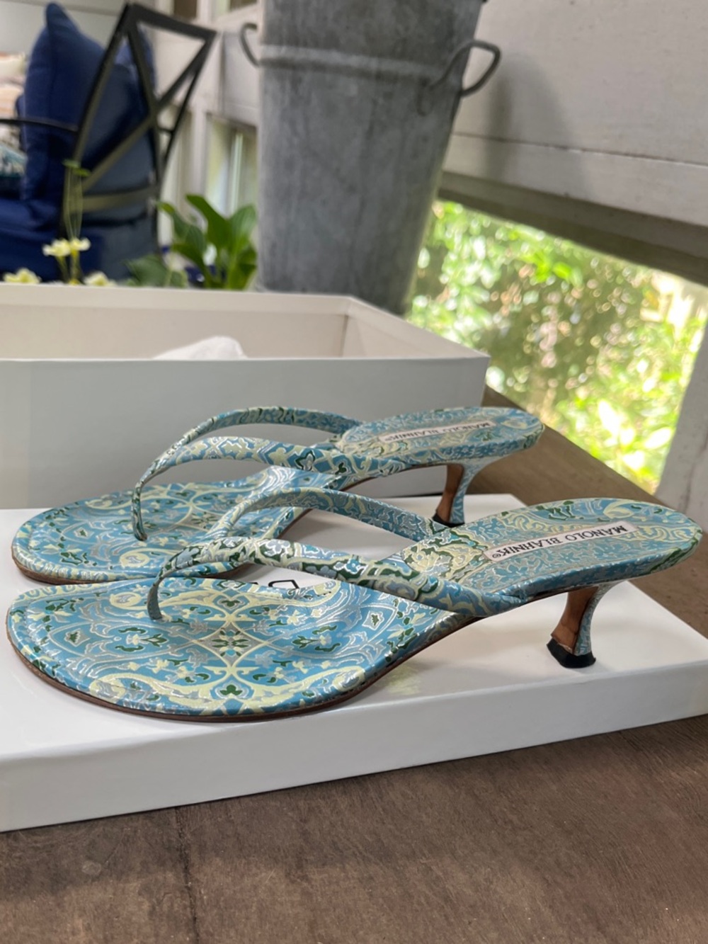 Manolo Blahnik Blue and Teal Paisley Kitten Heel Sandals - Picture 2 of 5